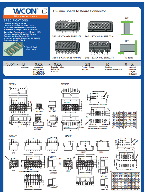 1.25mm board to board connector smt pcb board to board connectors