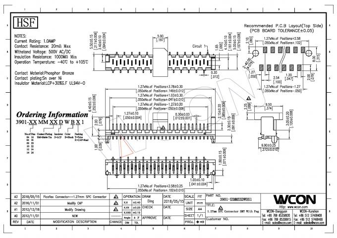 WCON 1.27mm Spc Wire To Board Connector 20 Pin 500v Ac / Dc Lcp With Post